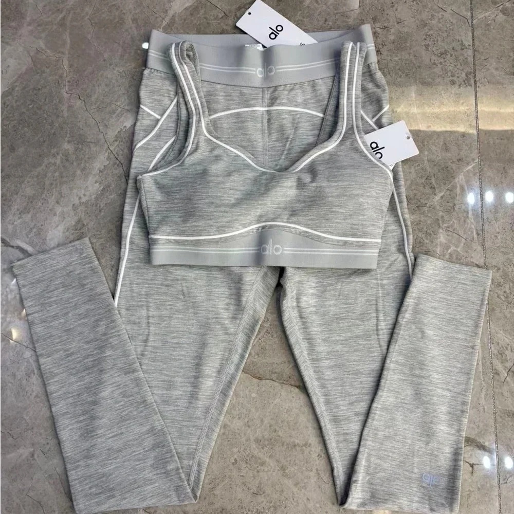 ALO Yoga Light Grey Seamless High-Waist Legging & Sports Bra Set